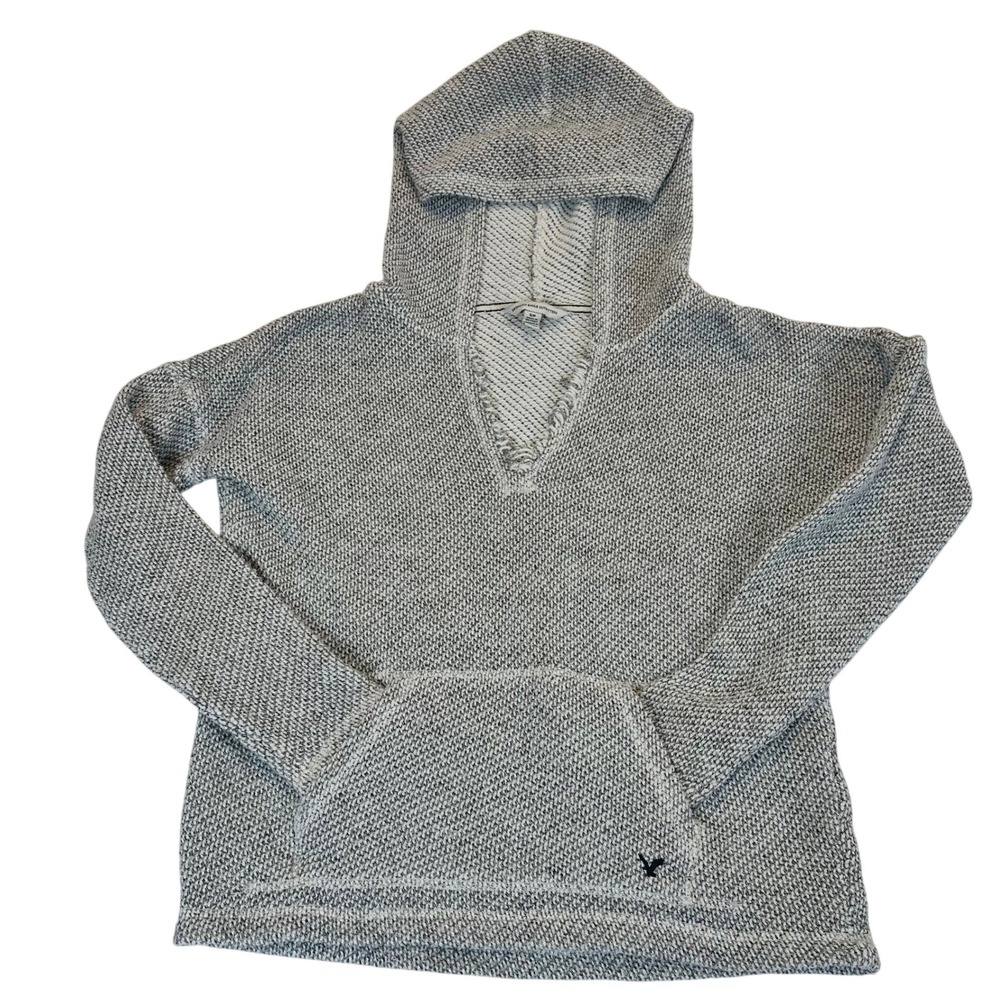 American Eagle Women's Grey Marled Textured V-Neck Fringe Pullover Hoodie S/P